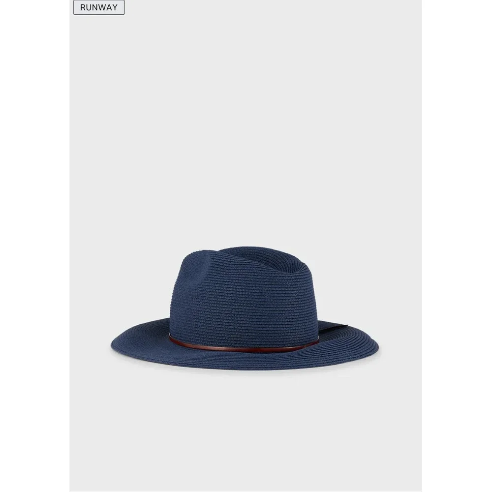 EMPORIO ARMANI Straw Hat Navy Blue Brown NWOT